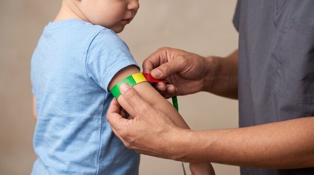 Healthcare worker measuring toddler arm circumference with MUAC tape conveying child malnutrition screening