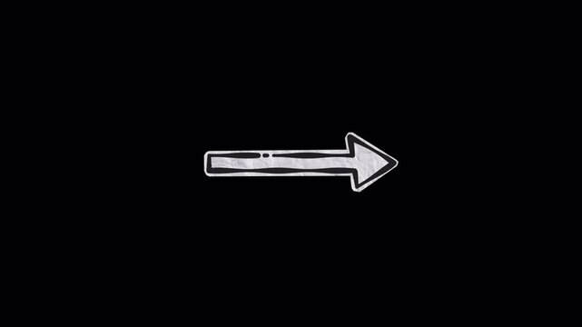 Hand drawn white arrow icon moving right on black background.