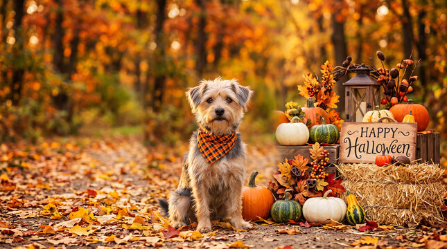 Small mixed-breed dog posing beside a rustic Halloween decoration made from pumpkins, dried leaves and wooden elements, outdoor autumn setting, golden-hour lighting, Halloween Party