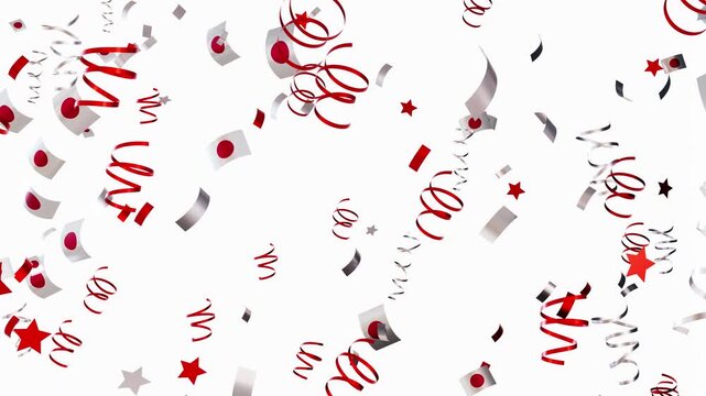 Confetti falls from above with flags of Japan dancing in the air. This event shows a festive atmosphere during a celebration. Colors mix and create energy in the surroundings