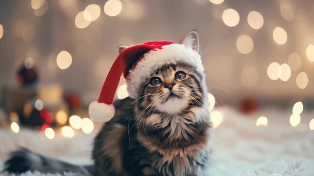 A fluffy, gray tabby cat is wearing a festive red Santa hat with a white trim. The cat is positioned against a soft-focus backdrop of warm, glowing bokeh lights.
