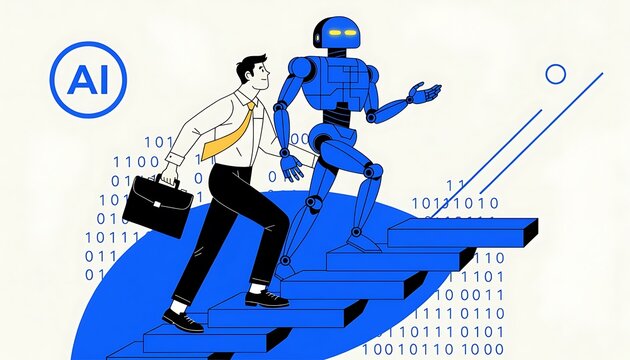 Businessman and robot walking up digital stairs representing artificial intelligence growth.