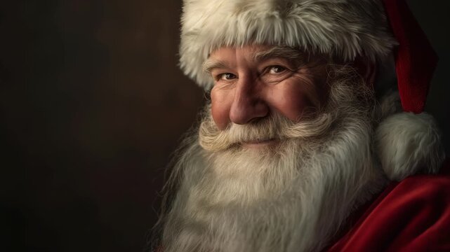 A close-up portrait of a kind-faced man in a festive hat with a long, white beard, smiling warmly at the viewer. The background is a dark neutral tone, and the mood is warm and inviting.