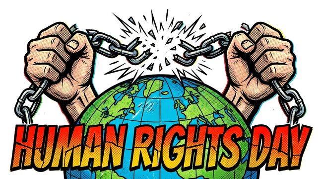 Human Rights Day illustration with broken chains and global map.