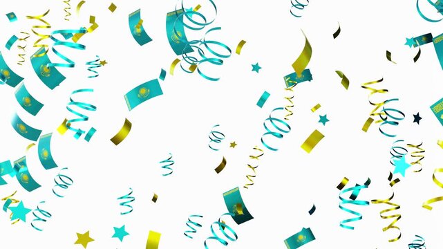 Confetti and flags of Kazakhstan fall down in a vibrant display at a celebration event. The scene shows a mix of colors against a bright background, creating a festive atmosphere