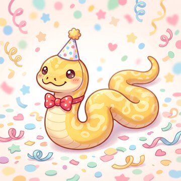 Cute yellow cartoon snake wearing party hat and bow tie with confetti background depicting joyful birthday art