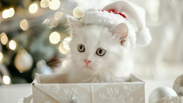 A fluffy white kitten gazes out from a decorative box, wearing a fluffy hat. The setting suggests a festive occasion, with soft Christmas lights creating a cozy atmosphere.