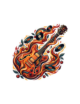 Vintage Rock and Roll Electric Guitar Illustration with Fire Flames Vinyl Records and Cherries for Music Festival Poster and Apparel Design