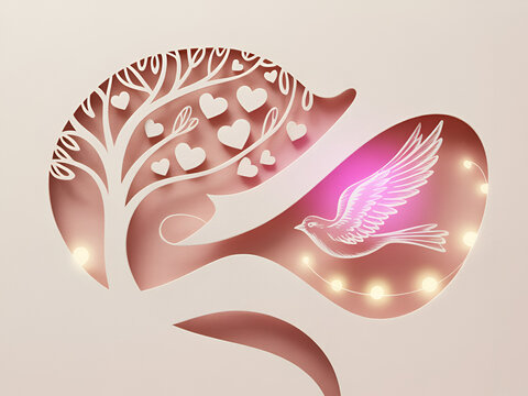 Papercut brain with tree of hearts and glowing bird symbolizing hope during mindful contemplation