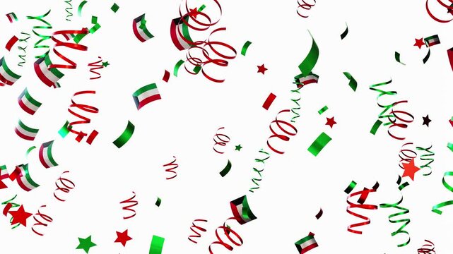 Colorful confetti featuring flag colors of Kuwait falls from above, creating a festive atmosphere. This takes place during a celebration event filled with joy and excitement