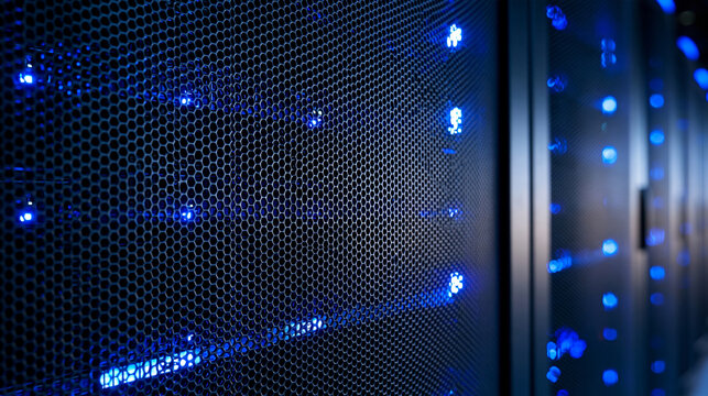 Close up view of a metal ventilation grille on a modern server rack cabinet, fine perforated steel texture, efficient airflow for cooling high performance computing equipment, clean professional dat