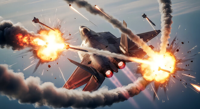 Military jet escaping multiple missile attacks with flares and defensive maneuvers.