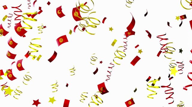 Colorful confetti falls from above with red and yellow flags of Kyrgyzstan drifting through the air. This occurs at a festive gathering where people celebrate together