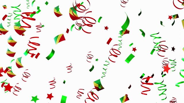 Confetti is falling with colors and designs representing the flag of the Republic of Congo. This occurs during a festive event. The confetti adds excitement to the atmosphere