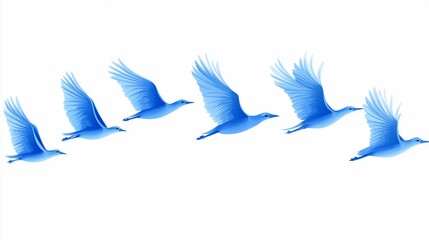 Obraz premium Blue birds flying in formation, white background, freedom concept, design element