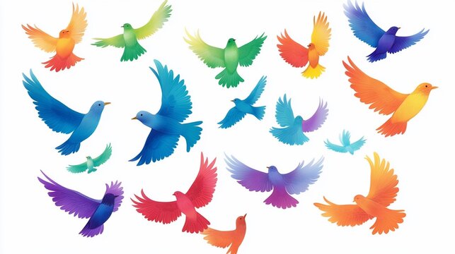 Colorful birds flying, white background, freedom, design