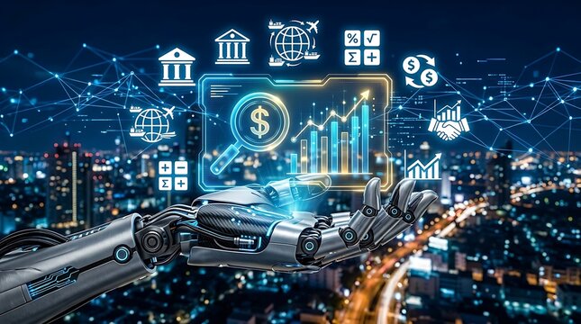 Robotic hand holding financial data interface, AI fintech concept with digital charts and icons, futuristic banking technology over city