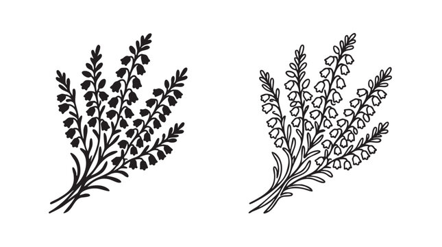 heather flower vector silhouette pair icon with black line black silhouette with line art vector pair icon
