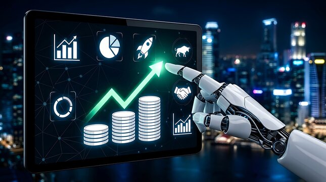 AI financial trading on digital tablet, robotic hand pointing at growth chart, automated stock market analysis concept