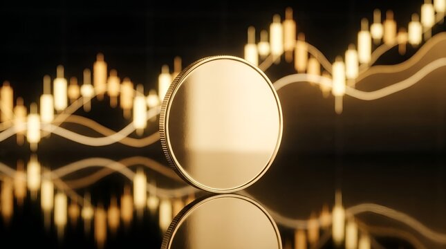 Golden cryptocurrency coin mockup on trading chart background. Blank crypto token with glowing stock market graph. Financial investment concept.
