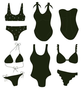 Black and white women's swimwear on a white background. One-piece and two-piece swimsuits and hand-drawn bikinis&mdash;suitable for greeting cards, stickers, icons, or covers.