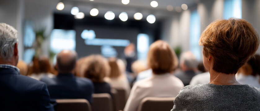 Audience of diverse adults attending a conference or seminar in a modern venue with blurred speaker and presentation screen in background