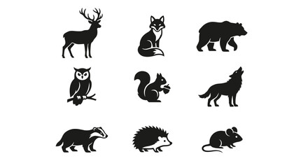Obraz premium Forest animals silhouettes collection including deer fox bear owl squirrel and wolf
