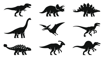 Obraz premium Black dinosaur silhouettes collection featuring various prehistoric reptile species icons