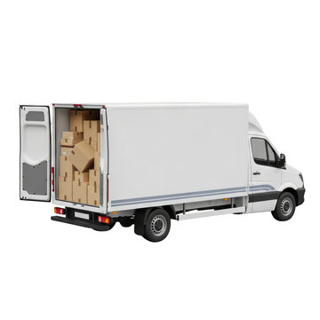White delivery truck with cardboard boxes.