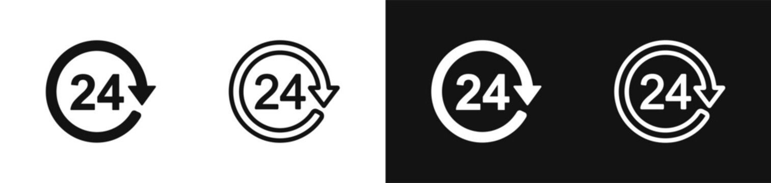 24 hours open service vector icon set, round arrow clock time, support, black and white symbol