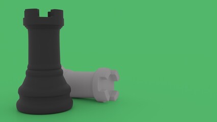 Chess Rook Standing Over Fallen Piece On Green Background © Manu