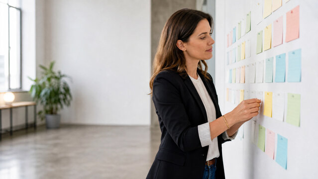Businesswoman organizing project tasks with sticky notes on a white office wall