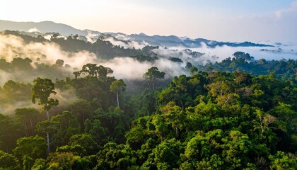 Obraz premium Aerial view of a lush, mist-covered rainforest canopy with rolling hills in the background under a soft, hazy sky, showcasing the vastness of a verdant jungle ecosystem and its natural beauty