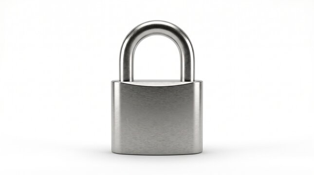 Silver metallic padlock isolated on white background for security and privacy concept 3D illustration of a closed lock
