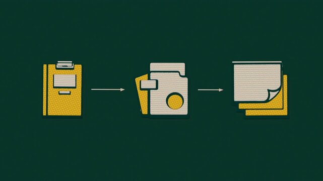 Chart preparation proceeds from folder to tab divider to forms, organizing the paperwork into a single bedside record. Flat 3D style printed from two plates.