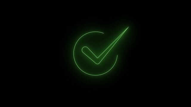 Glowing  green neon  checkmark animation on black background. tick symbol animation, success approval correct sign intro template.