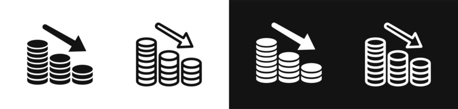 Financial loss or budget decrease coin stacks with downward arrow icon set