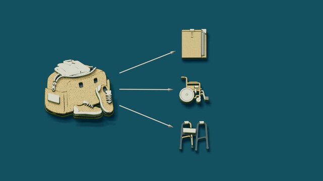 Discharge planning brings together take-home records, wheelchair transport and walker assistance as the patient leaves care. Flat 3D style with smooth matte surfaces.