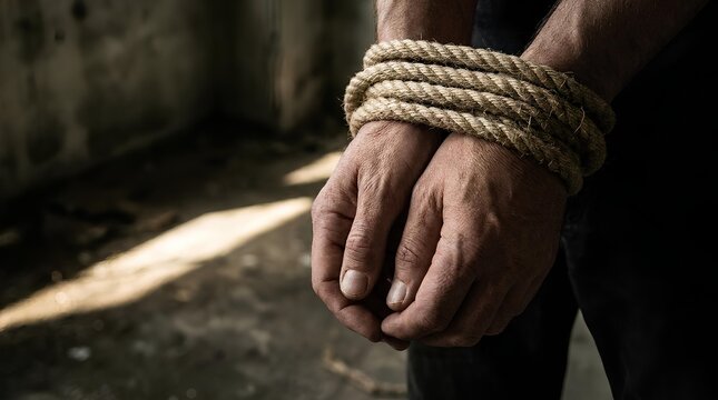 Male hands bound tightly with thick hemp rope.