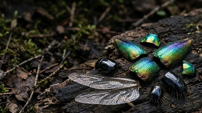 Iridescent Beetles and Fly on Tree Stump Nature Macro