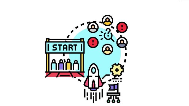 Icon conceptualizing a new business or creative project launch journey, solving problems, generating ideas, and identifying core elements for successful development, growth, and team collaboration