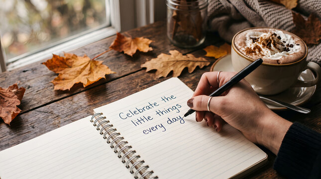 Woman Writing Inspirational Quote In Notebook On Cozy Autumn Day