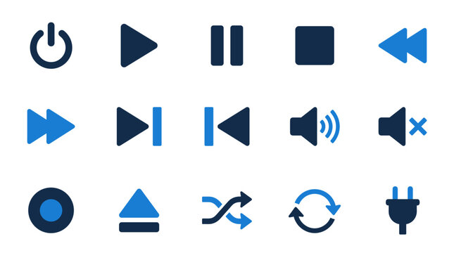 Audio and playback interface icons set with media controls and power buttons collection interface backward