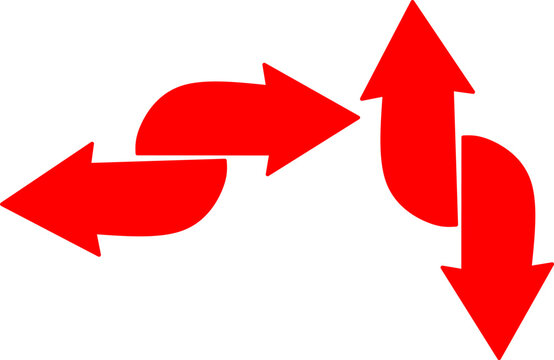 red curved arrows set vector isolated icon illustration pointing left right up down for direction motion navigation business infographics design.