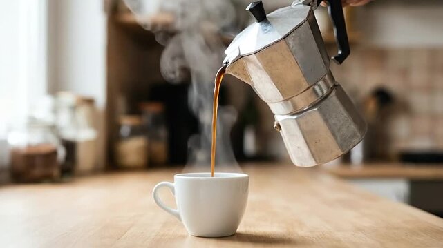 Person pouring steaming hot coffee from a moka pot into a cup