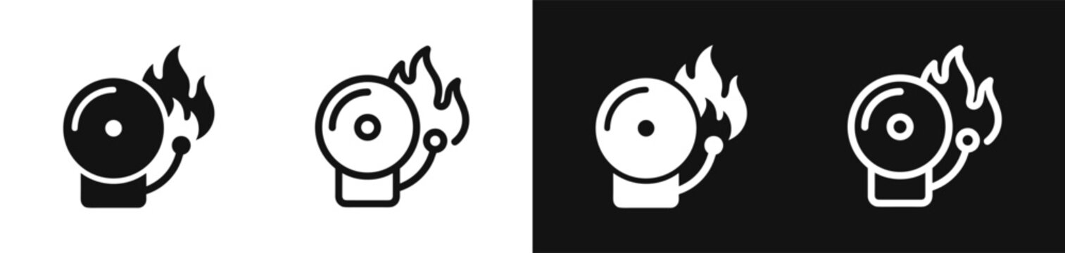 Fire alarm bell icon set with flame symbol for emergency alert system
