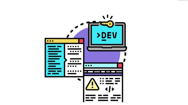 Developer laptop connected to code windows, one showing an error warning, the concept of finding and fixing issues in software for efficient development