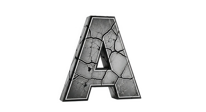 Letter A made of grey stone blocks with a cracked texture isolated on transparent background