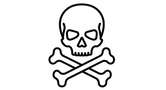 Black and white simple skull and crossbones icon symbol isolated on transparent background