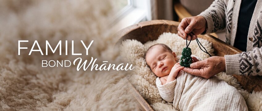 Newborn sleeping baby Maori pounamu hei tiki necklace held by elder hands in wooden bowl, celebrating cultural heritage, family bond, whanau tradition, love, intergenerational indigenous connection.